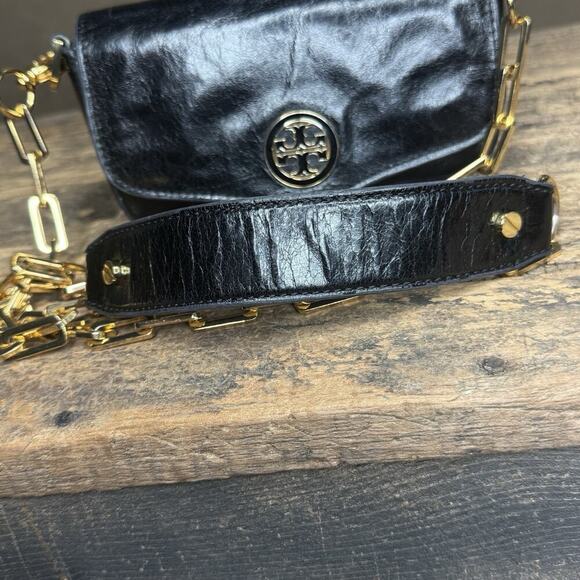 Tory Birch Amanda Black Mini Clutch Crossbody Gold Chain Removable Strap Leather - Picture 7 of 16